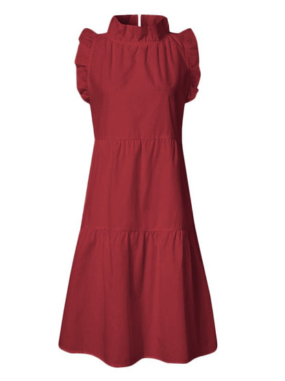 Stylish Solid Color Falbala Sleeveless Stand Collar Midi Dress