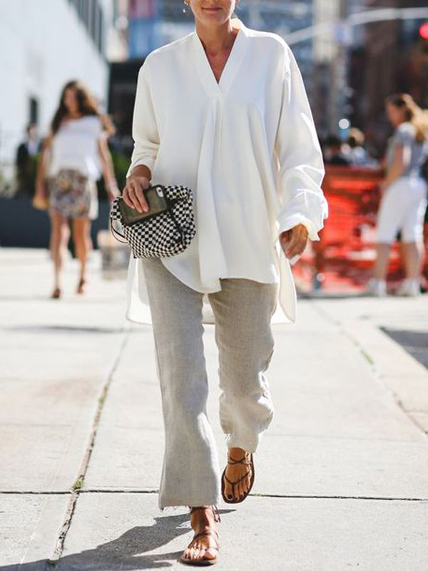 Urban Loose White Split-Side Long Sleeves V-Neck Shirts