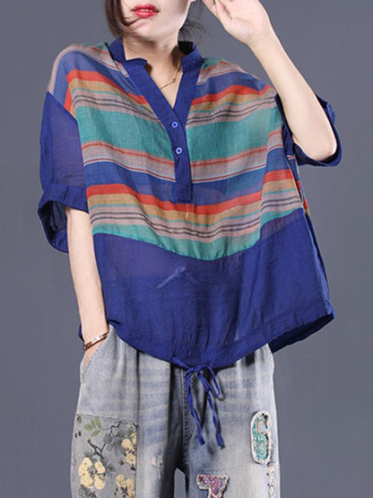 Office Loose V-neck Striped Blouse