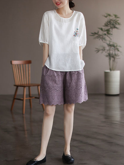 Vintage Artistic Retro Hollow Embroidered Shorts