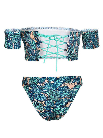 Sexy Bare Shoulders Short Sleeves Tai Lam Split Bikini Swimsuit