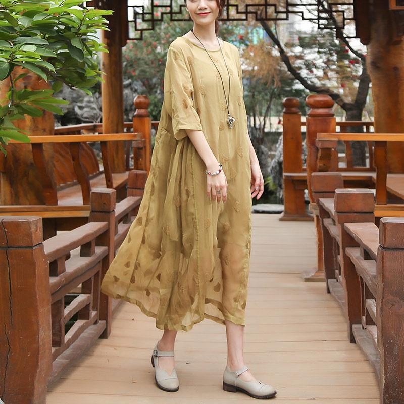 Embroidery Round Neck Half Sleeve Casual Yellow Dress