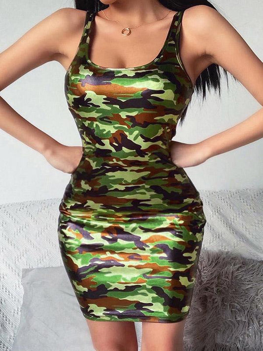 Sexy Wrap Camouflage Spaghetti-Neck Mini Dresses