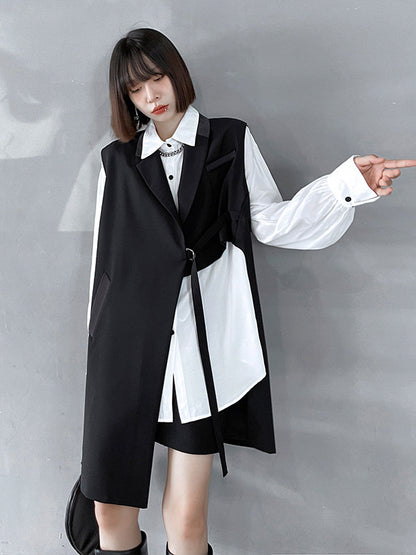Cool Irregular Solid Color Split-Joint With Pocket Tied Notched Collar Sleeveless Vest Outwear