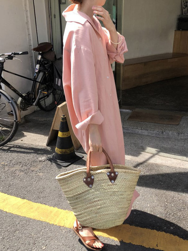 Casual Ramie Cotton Solid Color Buttoned Lapel Collar Long Sleeves Midi Shirt Dress