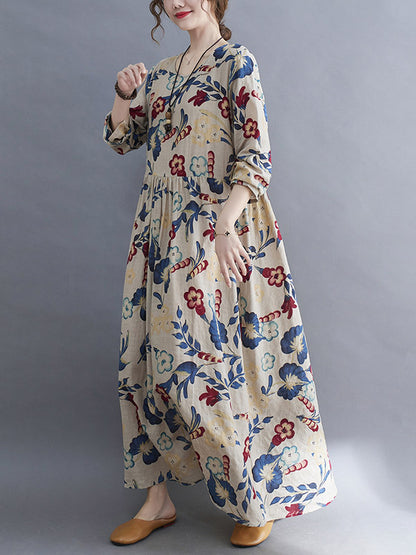 Casual Ramie Cotton Floral Printed Round-Neck Long Sleeves Over Size Maxi Dress