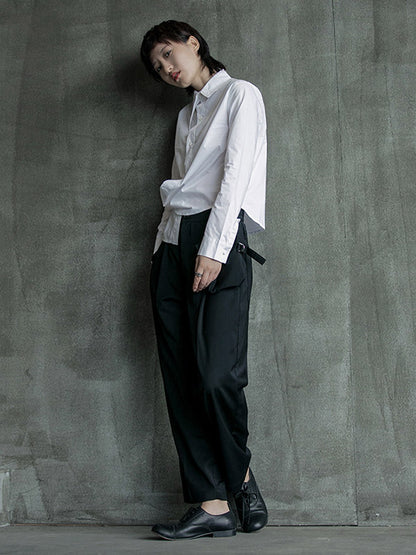 Urban Asymmetric Solid Color Buttoned Lapel Long Sleeves Blouse Tops