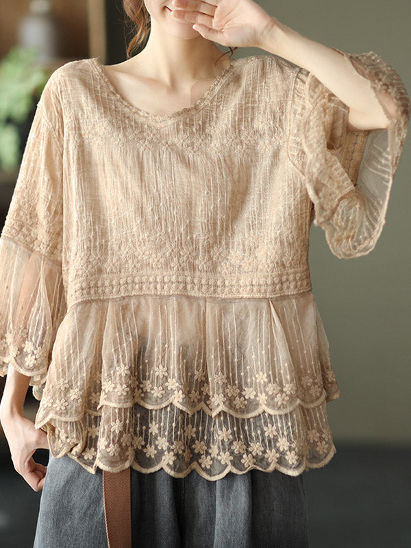 Original Embroidered Split-Joint Hollow T-Shirts Tops