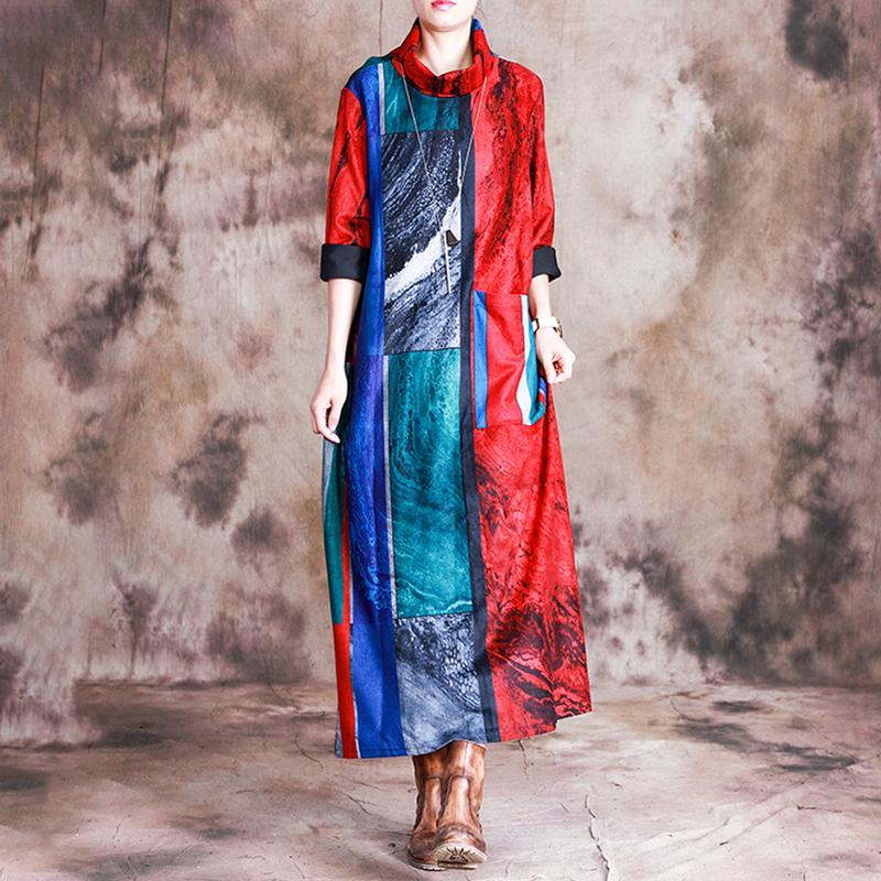 Buykud Personalized Multicolored Printed Turtleneck Warm Dress