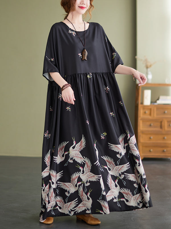 Stylish Crane Print Split-Joint Pleated Half Sleeves Maxi Dress