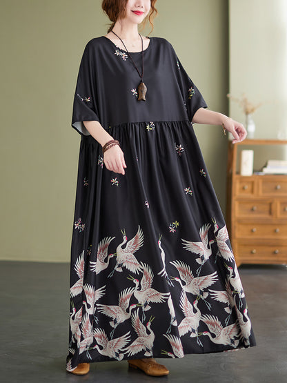 Stylish Crane Print Split-Joint Pleated Half Sleeves Maxi Dress