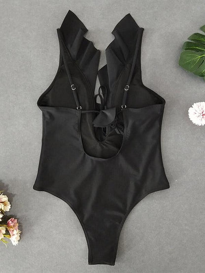 Plunge Falbala Plain One Piece Swimsuit