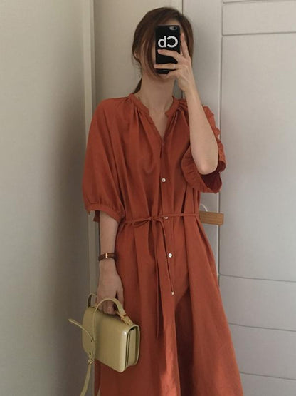 Oversize Solid V-neck Blouse Dress
