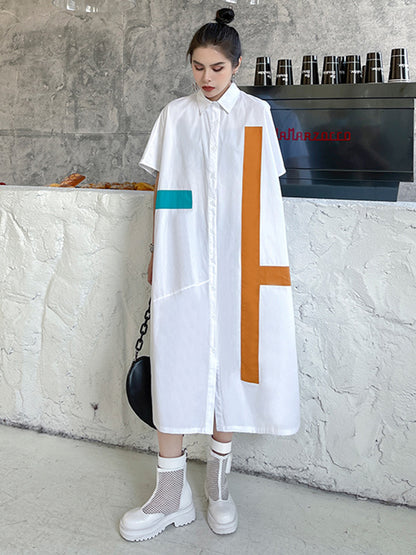 Original Loose Contrast Color Striped Printed Midi Shirt Dress