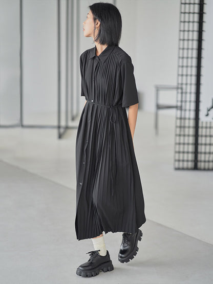 Stylish Split-Joint Pleated Belted Lapel A-Line Short Sleeves Midi Dress