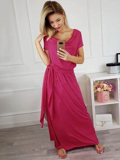 Casual Belted Short Sleeve Maxi Dress