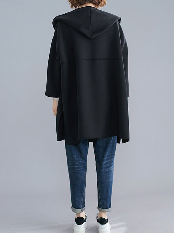 Casual Loose Solid Color Zipper Hooded Batwing Sleeves Outwear