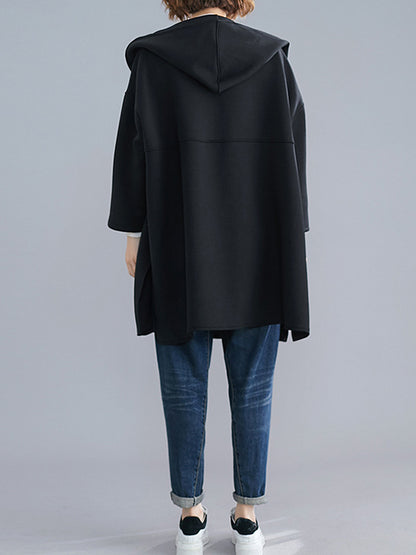 Casual Loose Solid Color Zipper Hooded Batwing Sleeves Outwear
