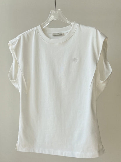 Simple Solid Color Round-Neck Cap-Sleeve Vest T-Shirt Tops