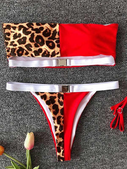 Leopard Contrast Color Bikini Swimsuit