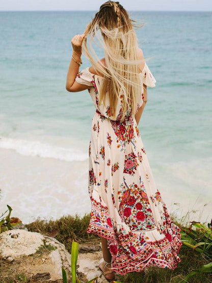 Pretty Bohemia Floral Off Shoulder Short Sleeve Beach Dress Maxi Dress