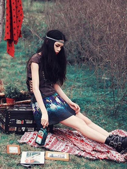 Retro Floral Printed Hollow T-shirt