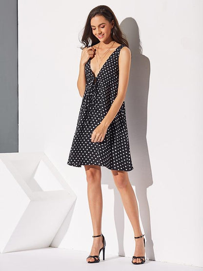 Polka-Dot   V-Neck A-Line  Sleeveless Mini Dress