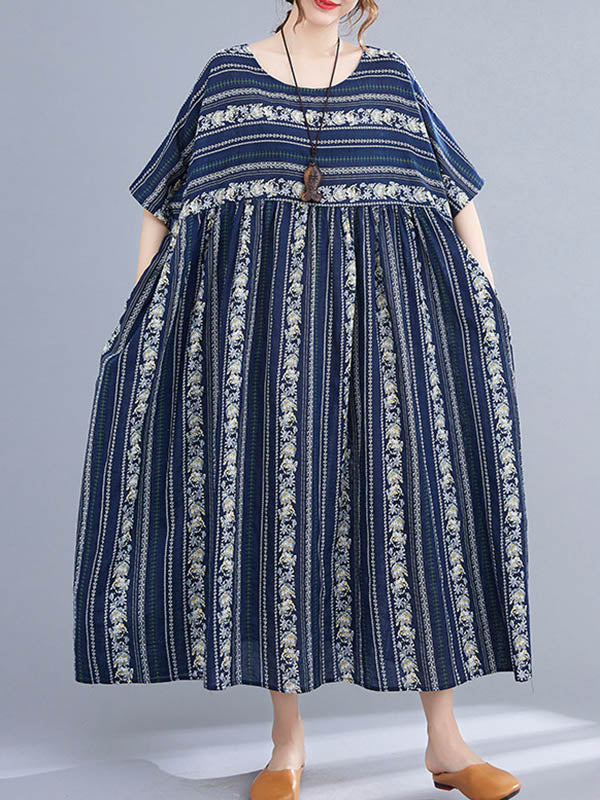 Vintage Striped Printed Round-Neck Short Sleeves Midi Dress