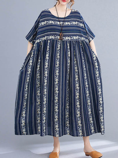 Vintage Striped Printed Round-Neck Short Sleeves Midi Dress