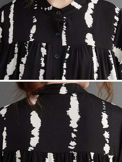 Stylish Buttoned Printed Long Sleeves Stand Collar Loose Midi Dress