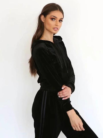 Velvet Hooded Sweatershirt And Harem Pants Suits
