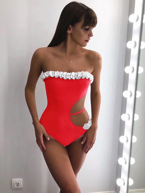 Lace Asymmetric Bandeau One-Piece Swimwear