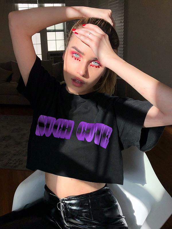 Fashion Letters Printed Loose Exposed Navel T-Shirts Top