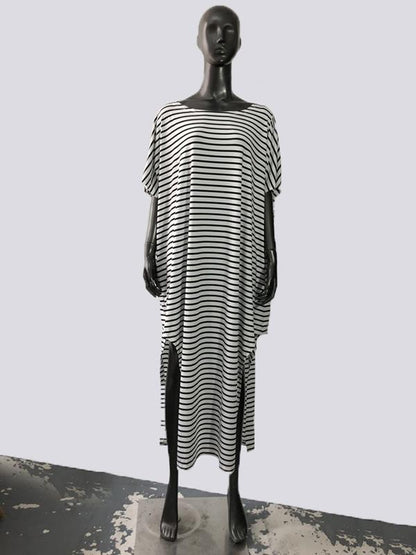 Loose Simple Striped Split-side Long Dress