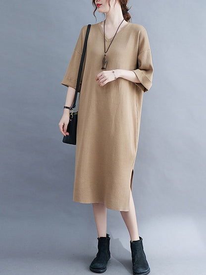 Urban Solid Color V-Neck Split-Side Knitting H-Line Sweater Dress