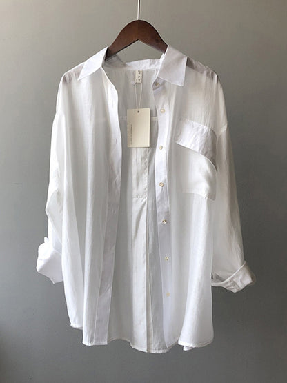 Casual Loose Solid Color Lapel Collar Long Sleeves Shirts