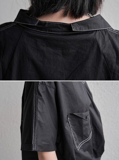 Urban Solid Color High-Low Batwing Sleeves Lapel V-Neck Shirts