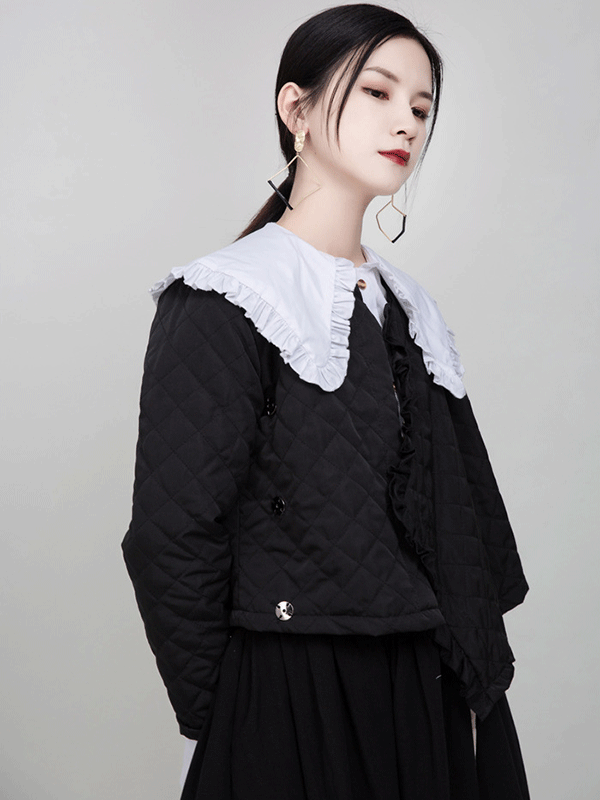 Original Black Asymmetric Rhombic Vintage Cotton-Padded Coat