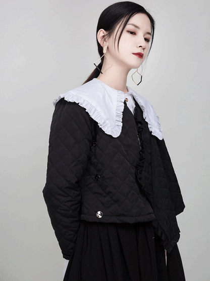 Original Black Asymmetric Rhombic Vintage Cotton-Padded Coat