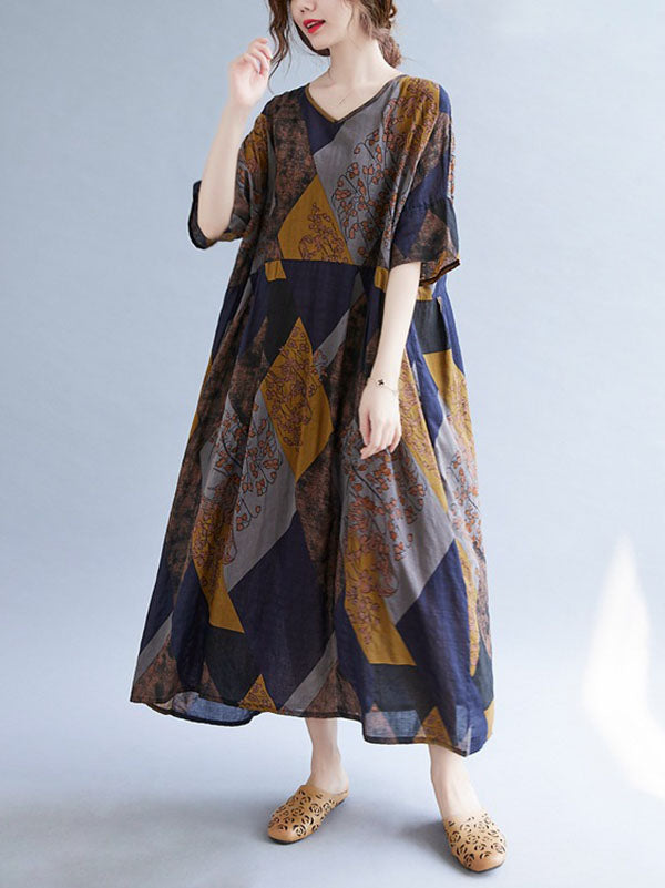Vintage Printed V-Neck Half Sleeves Midi Dress