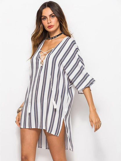 Loose Plus Size Striped Fashion Lace-up Blouse