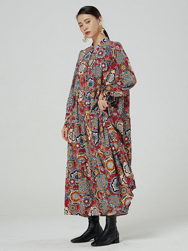 National Floral Printed Buttoned Pleated Stand Collar Long Sleeves Midi Dress
