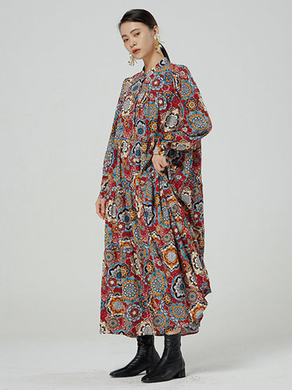 National Floral Printed Buttoned Pleated Stand Collar Long Sleeves Midi Dress