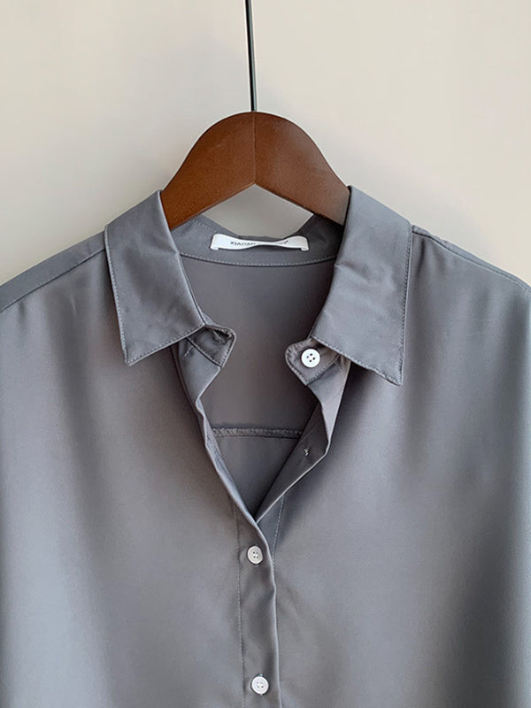 Simple Solid Color Buttoned Lapel Long Sleeves Blouse Tops