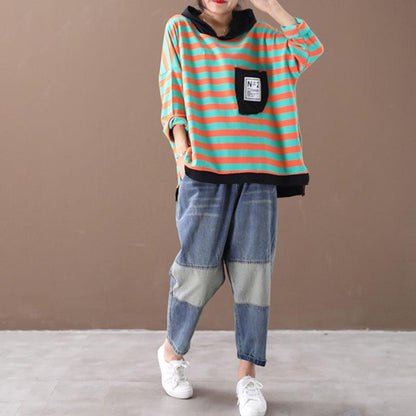 Buykud Loose Literary Patchwork Striped Pullover Hoodie