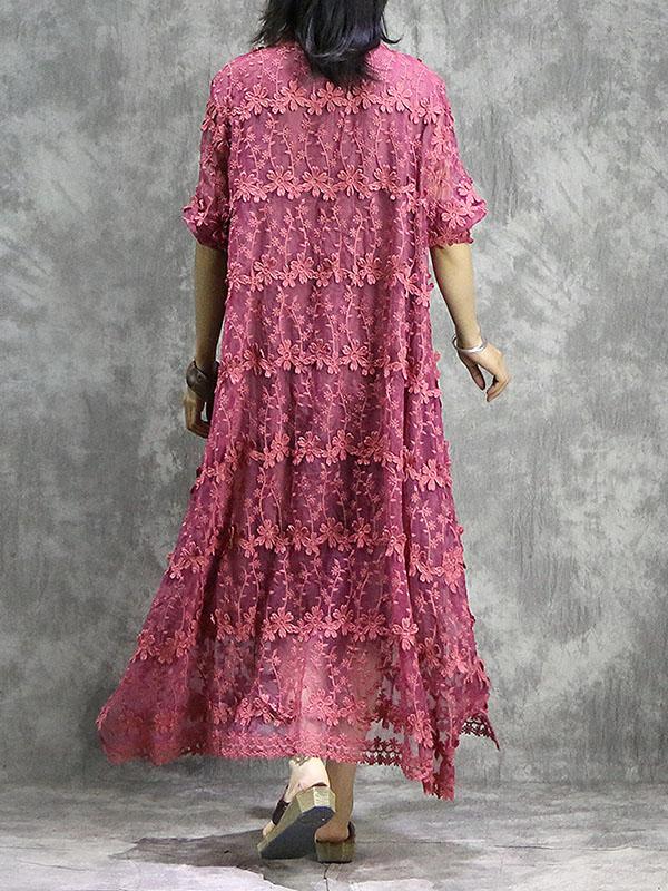 Loose Solid Hollow Flower Embroidered Maxi Dresses