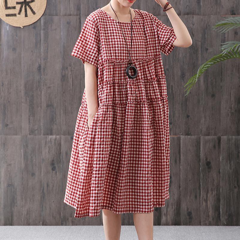 Cotton Linen Short Sleeve Plaid Dress