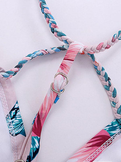 Sexy Braiding Bandage Backless Triangles Split Bikini Swimsuit