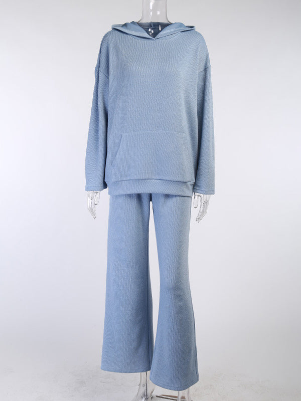 Simple Casual Solid Color Knitted Hoodies+Knitted Elasticity Wide Leg Pants 2 Pieces Set