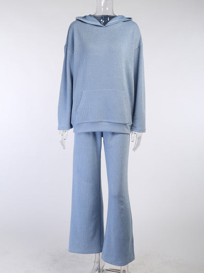 Simple Casual Solid Color Knitted Hoodies+Knitted Elasticity Wide Leg Pants 2 Pieces Set